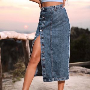 New Button Front Longline Denim Skirt Wash Blue 226